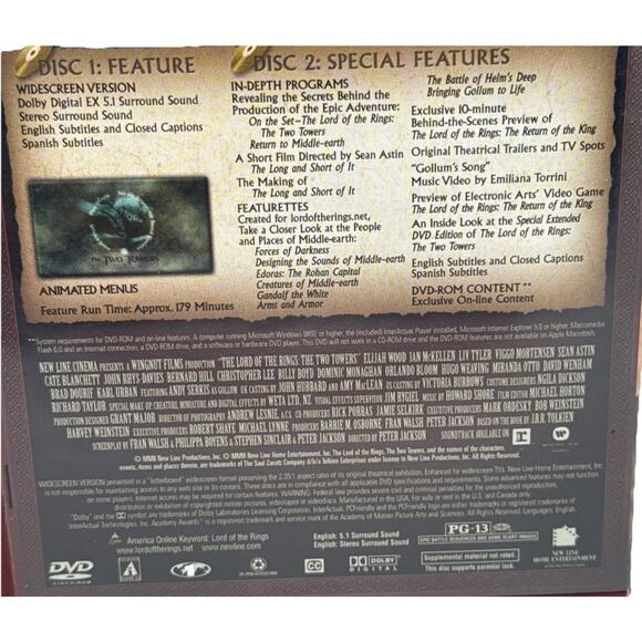 The Lord of the Rings: The Two Towers Movie 2 Discs DVD 2002 Widescreen Fantasy - Picture 7 of 10